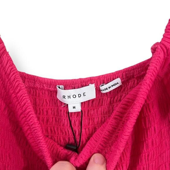 NWT Rhode Resort Harper Printed Smocked Midi Dress Size M Hot Pink Puff Sleeves - Picture 4 of 11